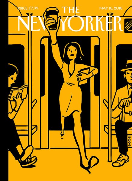 Black and yellow cover of New Yorker Magazine with an illustration of a woman running onto a subway car carrying a to-go cup of coffee high in the air.